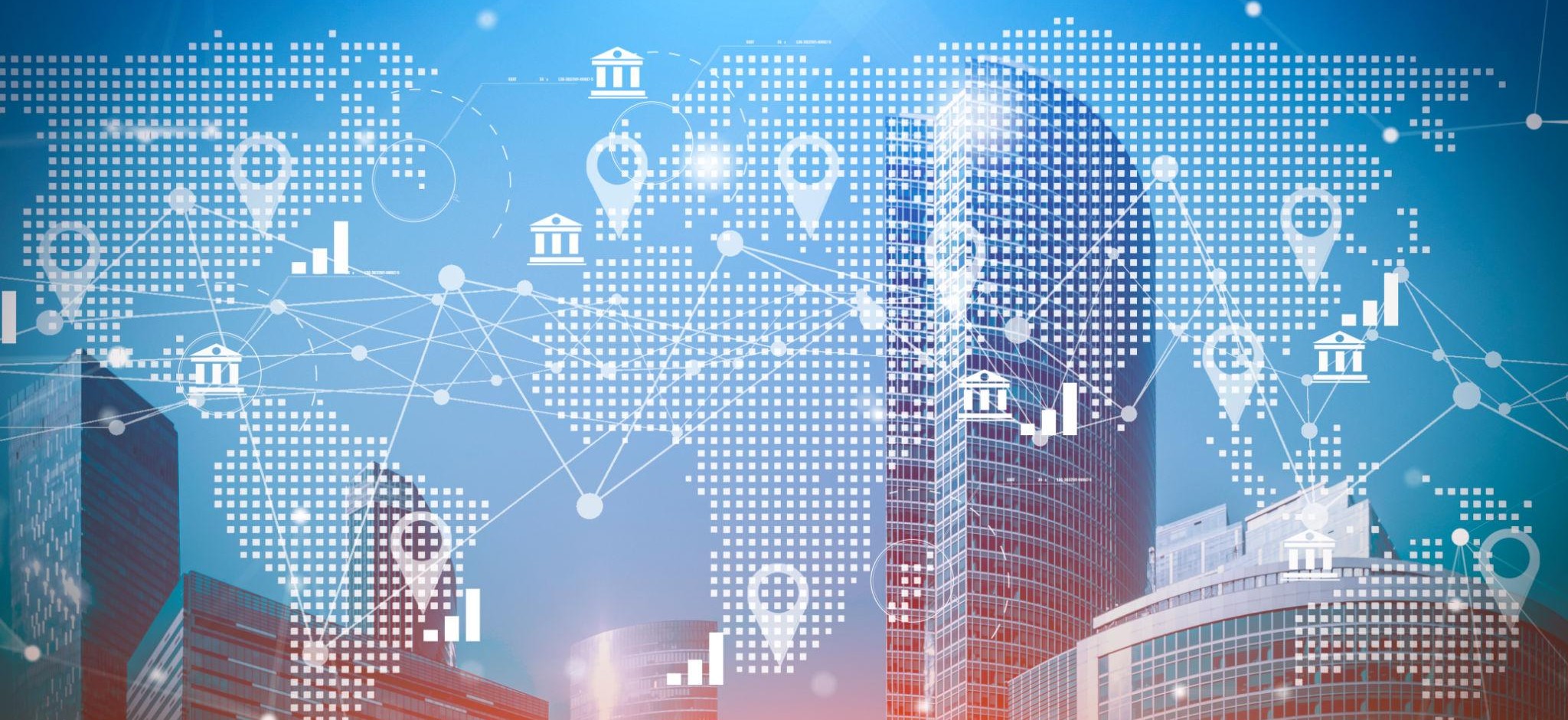 Global business network overlaid on international office buildings, representing TUPE transfer across multiple legal entities